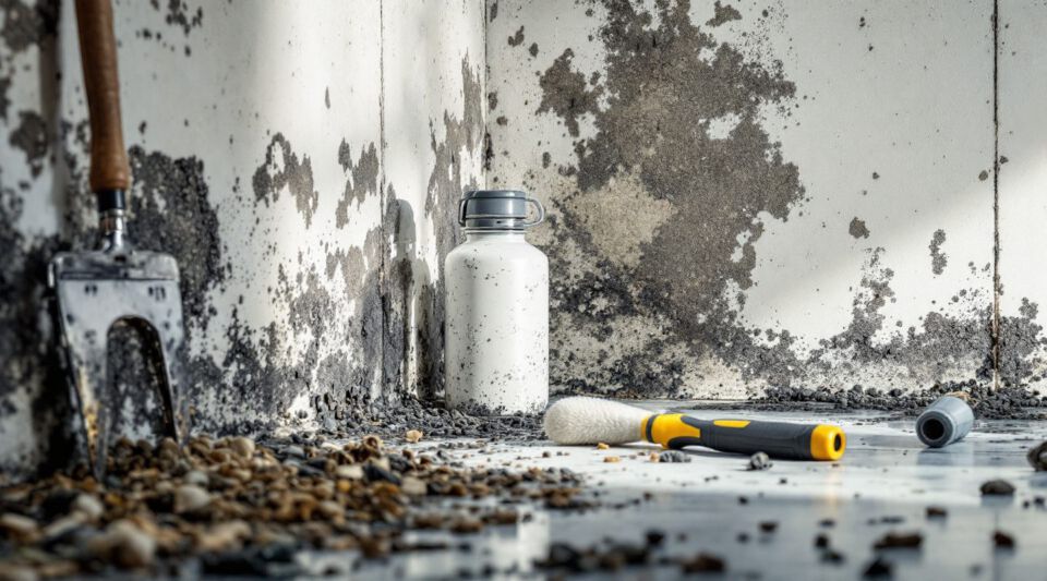 Professional mold remediation technician in protective gear inspecting a wall for mold growth