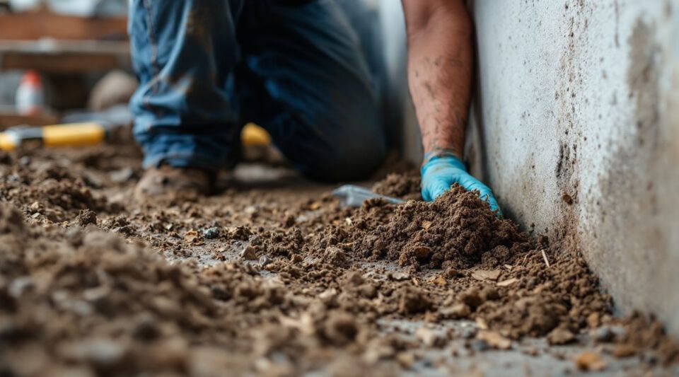 Professional technician inspecting a dark crawl space for mold growth