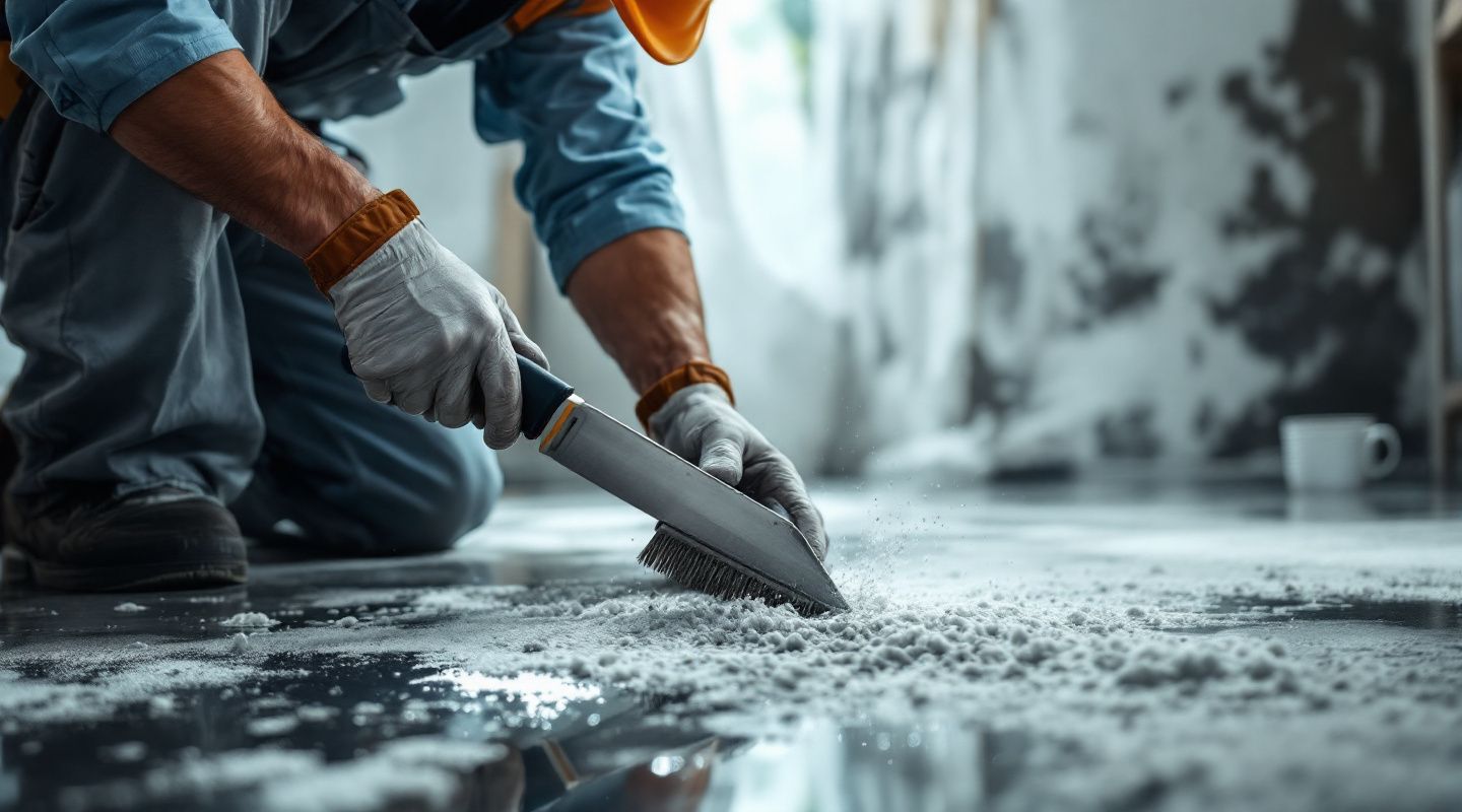 Mold remediation technician in protective gear inspecting a wall for mold growth with specialized equipment.