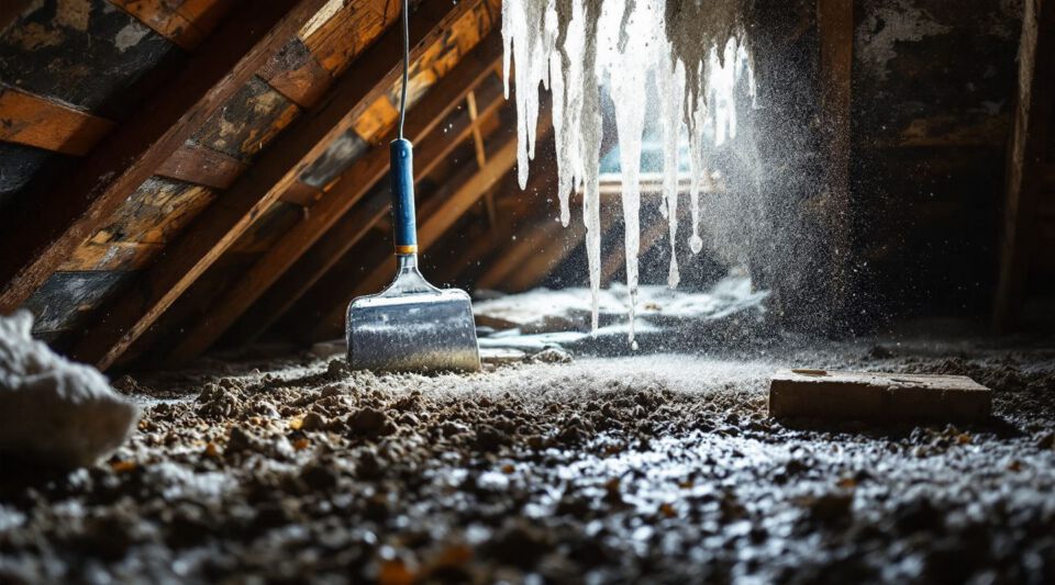 Professional mold remediation technician inspecting an attic for hidden mold growth