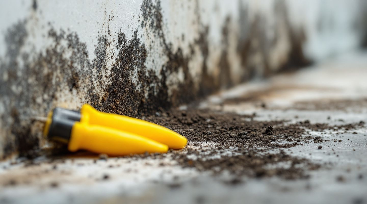 Professional mold remediation technicians inspecting black mold growth on a damp wall in Austin