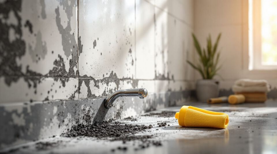Professional mold remediation technician inspecting a bathroom shower for mold growth with specialized equipment.