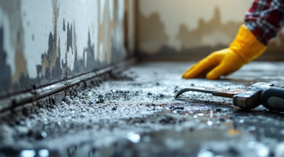 Technicians in hazmat suits inspecting a mold-affected wall with specialized equipment, highlighting emergency response.
