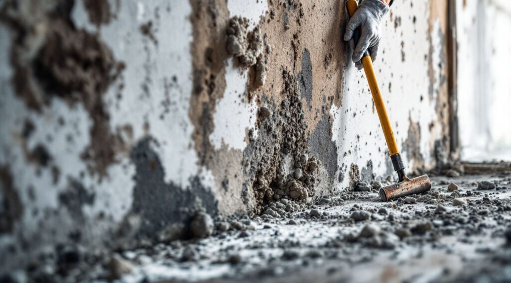 Technician in protective gear inspecting a wall for mold growth