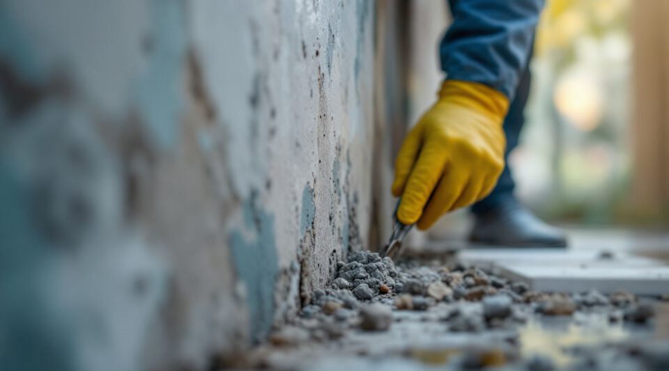 Professional mold remediation technician inspecting a wall with specialized equipment