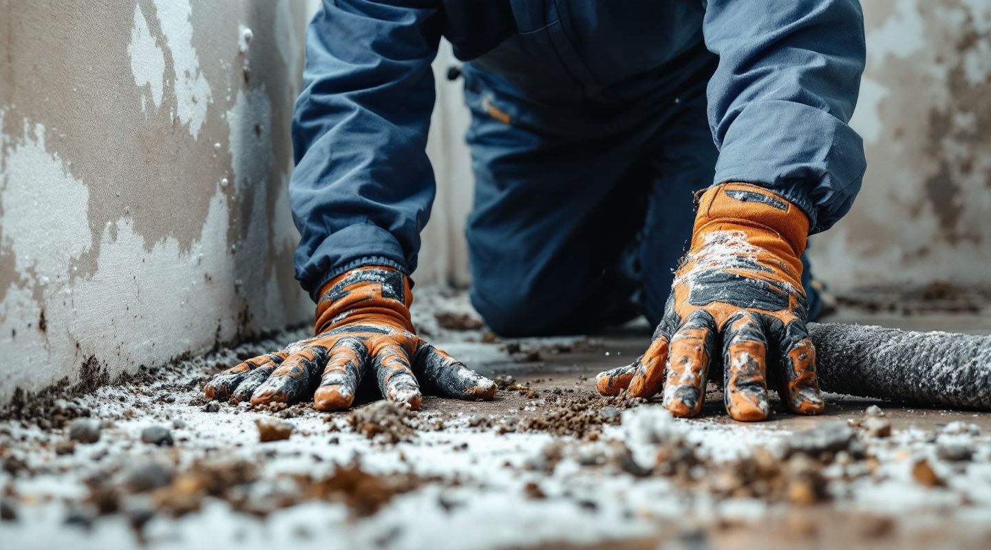 Technicians in hazmat suits inspecting a dark, damp basement corner for mold growth