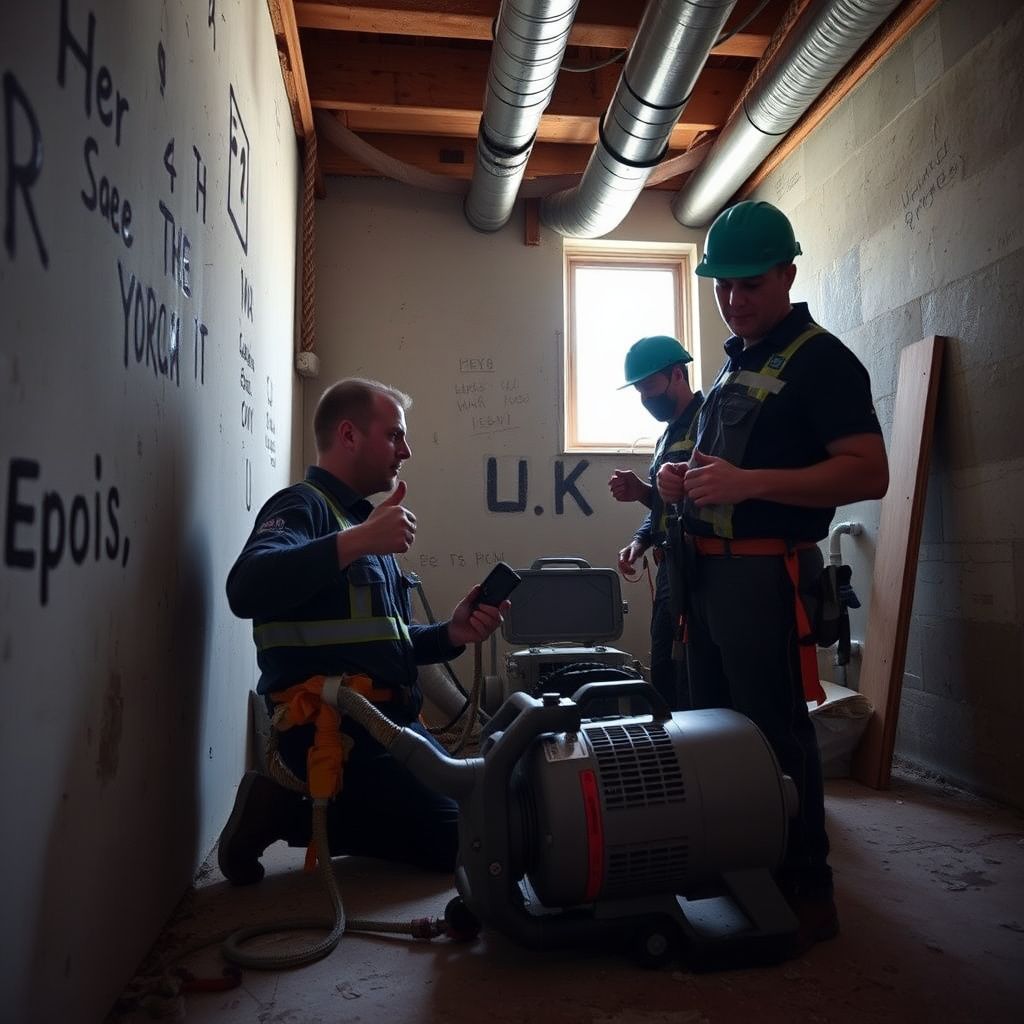 A certified mold remediation technician explaining the mold removal process to a concerned homeowner in a modern Cedar Park kitchen.