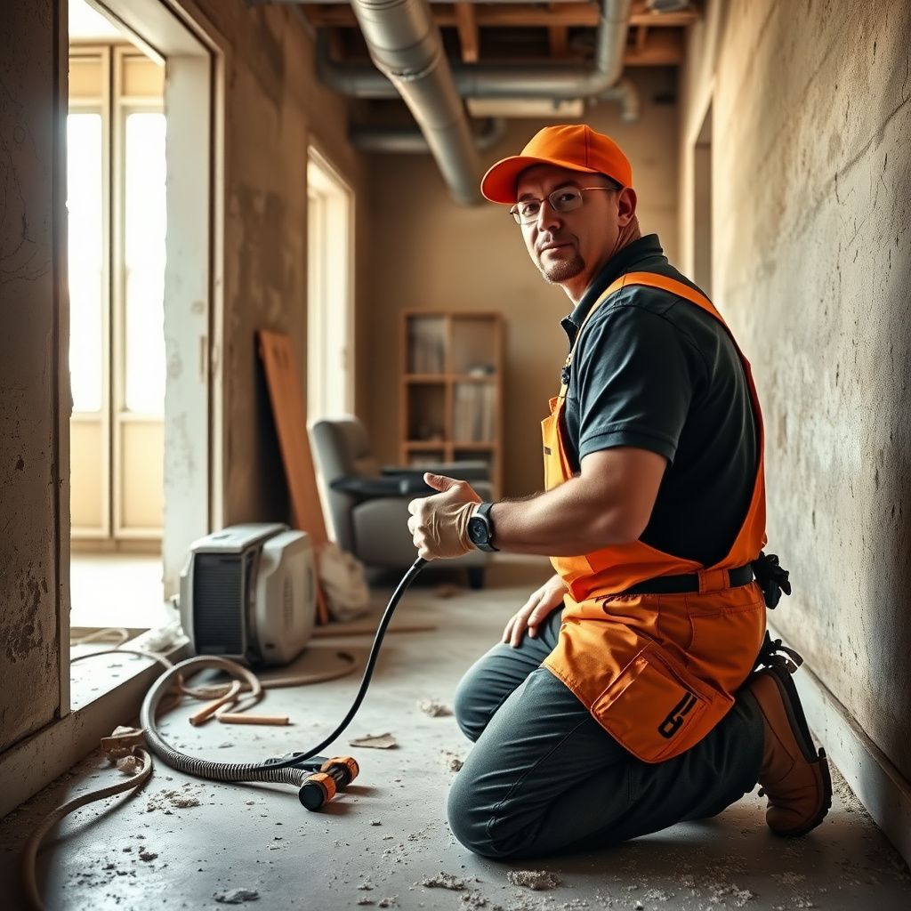 A certified mold remediation technician from Titan Ridge Mold Removal conducting a post-remediation air quality test inside a clean, dry living room in Georgetown.