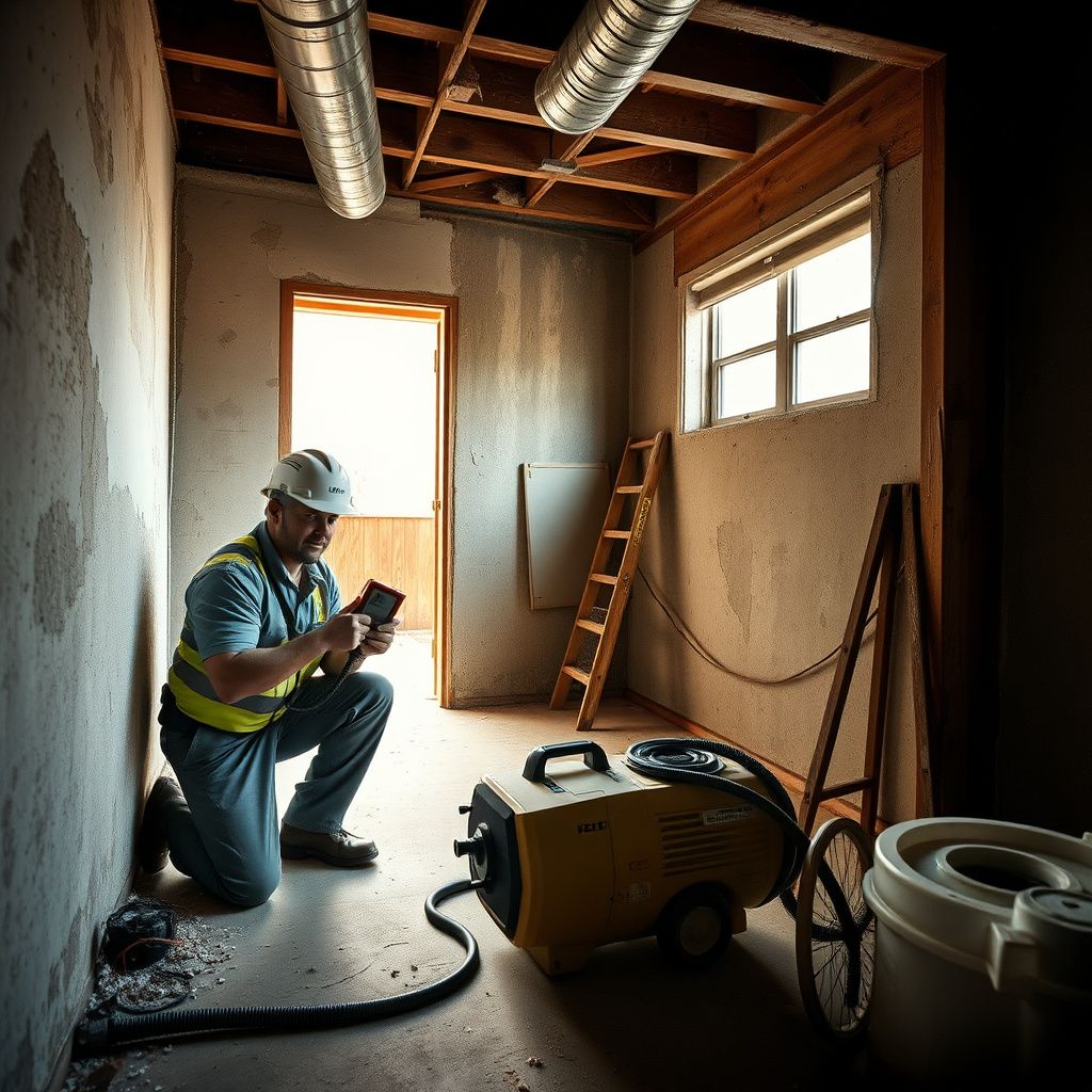 A mold remediation technician in full PPE carefully removing contaminated drywall in a Round Rock residential basement.